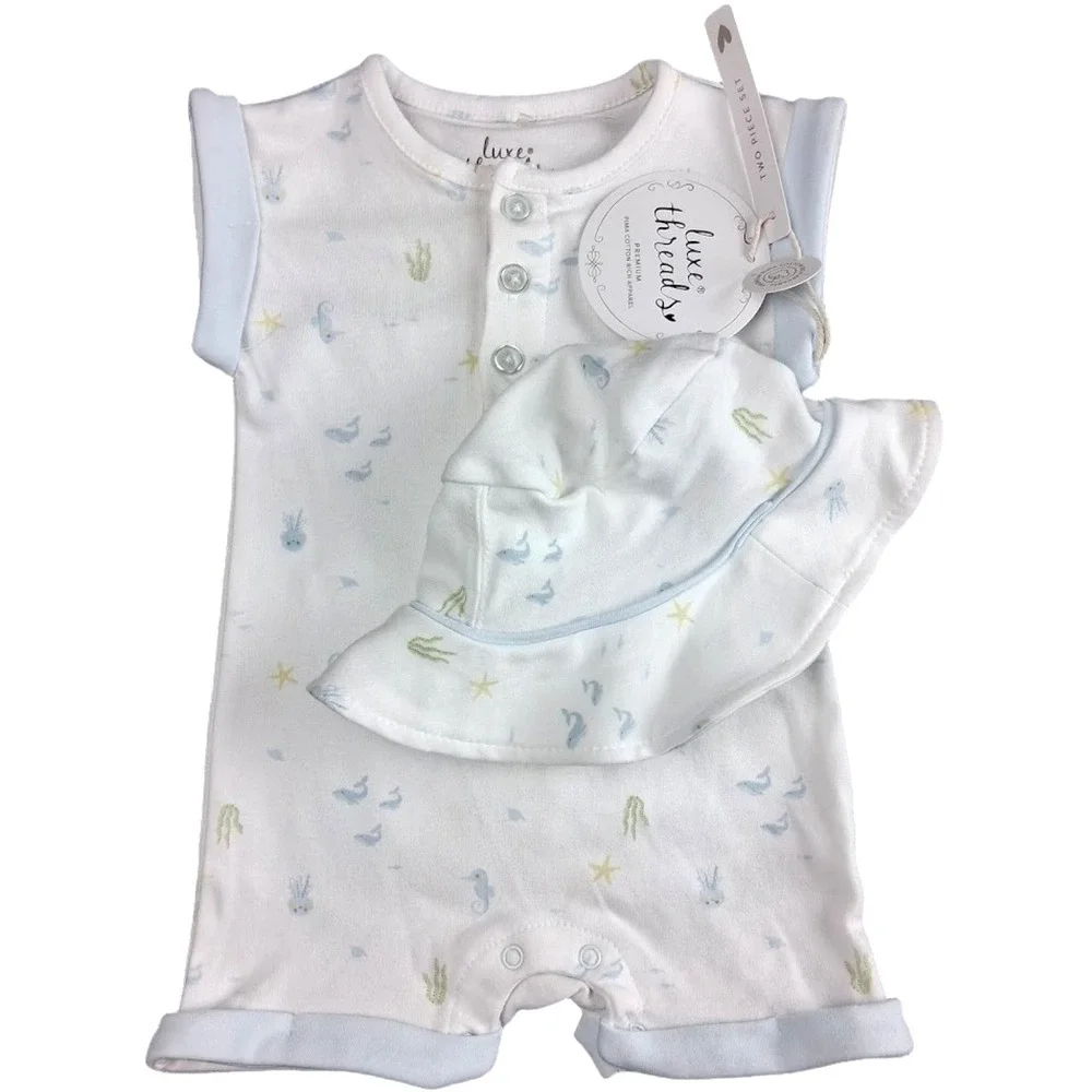 Luxe Threads Baby Boy 2pc Romper Outfit Ocean 6 9 Mos Pima Cotton Soft Hat NWT